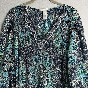 Catherines 1X Shirt Top Blue Green Embellished Jewels V Neck Tunic Woman Stretch